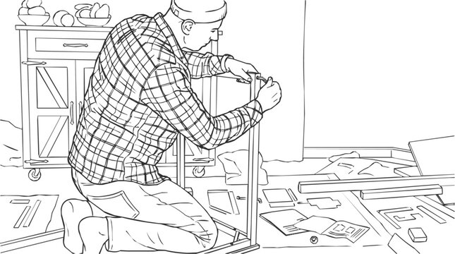 Focused Man Engaged in Furniture Assembly and DIY Project as a Handyman Putting Together Flat Pack Items During Home Renovation