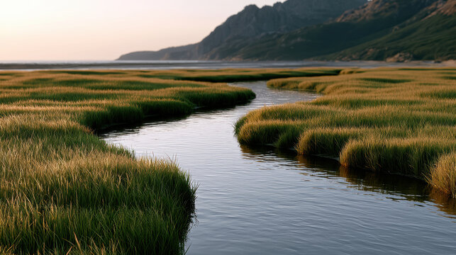 Gentle river flowing through lush green marshland, mountain background, tranquil nature landscape, serene water, soft sunlight