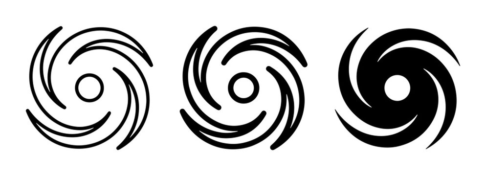 Hurricane Icons, Weather Symbols, Storm Vector Graphics. Set of 3 stylized hurricane symbols in outline and solid black, representing meteorological phenomena and natural disasters.