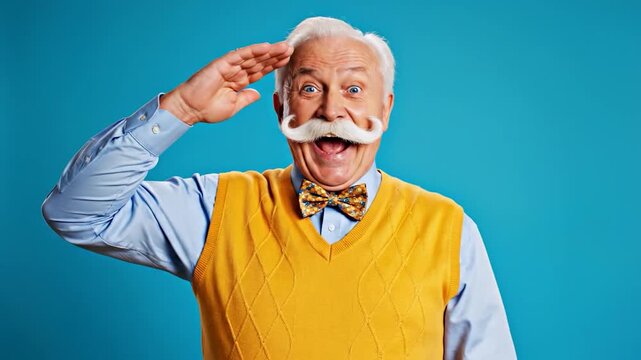 Cheerful senior man with a white mustache winks at camera