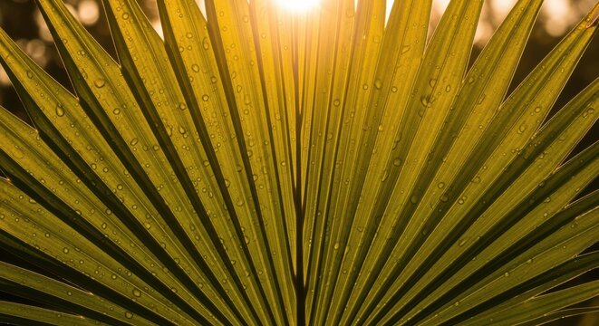 Golden hour palm frond with dew drops for biophilic design and tropical mindfulness background