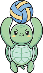 Obraz premium Cute cartoon turtle vector character lifting a blue and yellow striped volleyball directly overhead. Perfect for youth beach sports team branding, school athletic club logos, or playful animal sticker