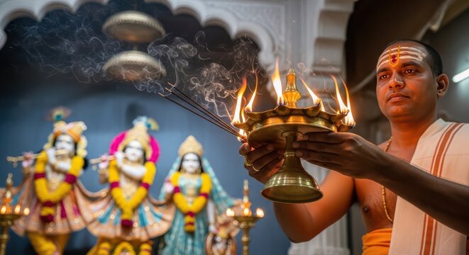 Indian Vaishnava Brahmin Priest Performing Sandhya Aarti Ritual in Hindu Temple with Brass Lamp