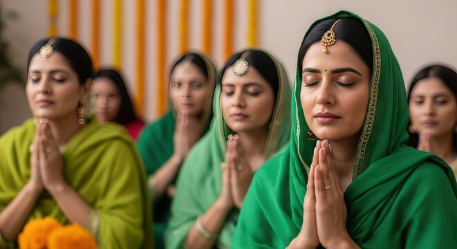 Indian women celebrating Hariyali Teej festival in green saris, group of Hindu women praying with closed eyes.