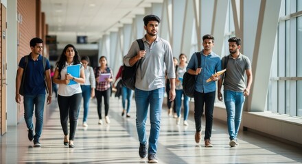 Obraz premium Group of South Asian university students walking in modern campus hallway, Indian engineering students with backpacks.