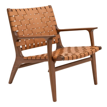 Brown woven chair with armrests.