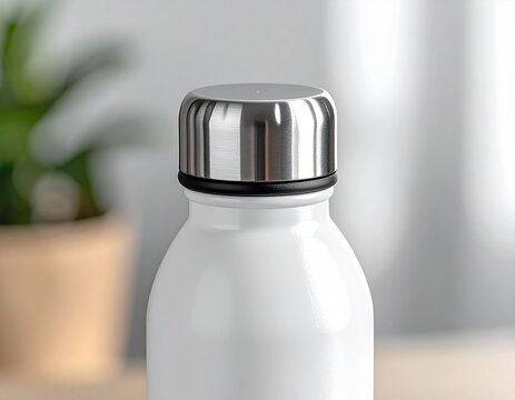 Modern white reusable bottle with soft background blur creating a premium lifestyle product presentation