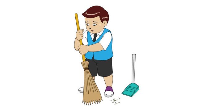 Animated vector illustration of a schoolboy sweeping the floor with a broom