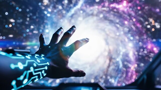 A futuristic hand with circuit board design reaches out towards a vibrant galaxy