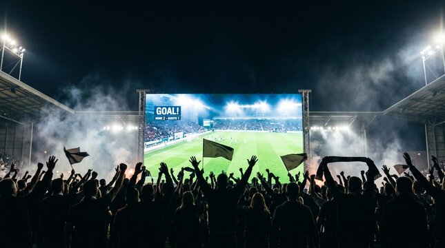 Dramatic low-angle silhouette view of a crowd of soccer fans cheering and waving flags in front of a giant outdoor LED screen broadcasting a live football match at night.
