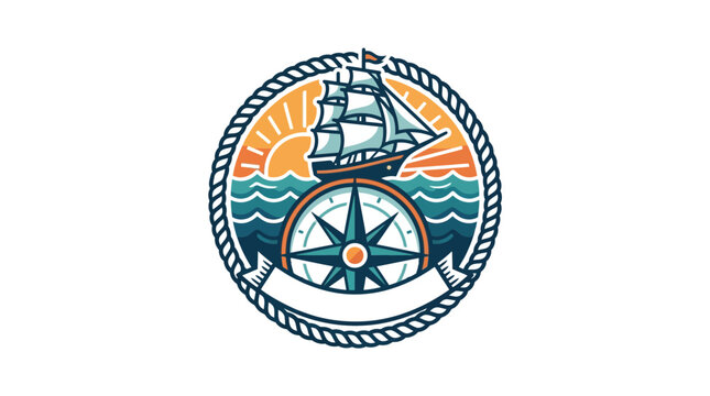 Nautical Emblem: Sailing Ship, Compass, Waves, Sun, Rope Circle, Emblem