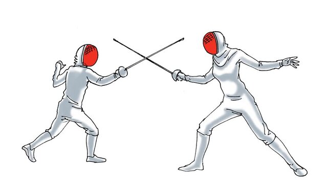 Animated vector illustration of two fencing athletes sparring with rapiers