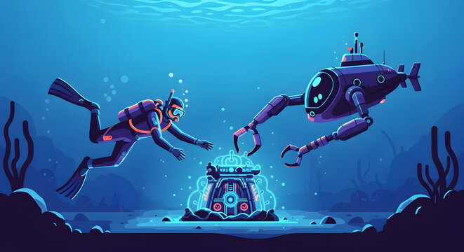 Artificial intelligence ai robot and human diver exploring deep sea