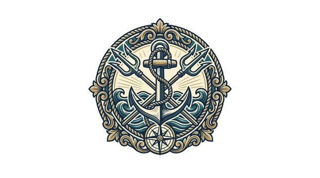Nautical Emblem with Anchor, Trident, Waves, and Compass Rose