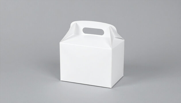White cardboard pastry box with handle, isolated on solid gray surface. Packaging template design, clean background. Mock-up. Close-up.