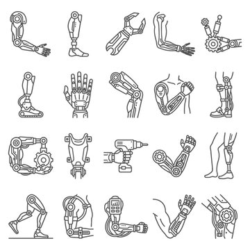 Comprehensive icon set of a prosthetic limb, robotic arm, bionic leg, and exoskeleton designs representing advanced medical technology and