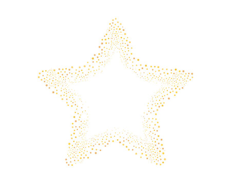 Decorative five-point star shape created from of scattered golden stars in different sizes. Elegant festive design element with sparkling star particles