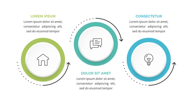 Three circular elements arranged in a sequence with thin curved arrows representing a process flow infographic template