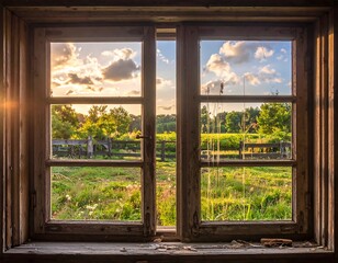 Fototapeta premium Rustic window frame overlooking a sunlit meadow with green trees and sky