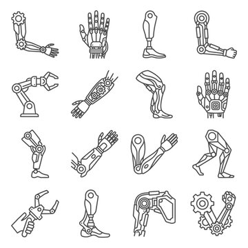 Comprehensive collection of prosthetic and bionic icons featuring robotic limb designs for arm and leg replacements with advanced cybernetic hand