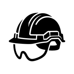 Fototapeta premium Black and white icon of a safety helmet and hard hat with integrated goggles for protective gear in industrial and construction work.