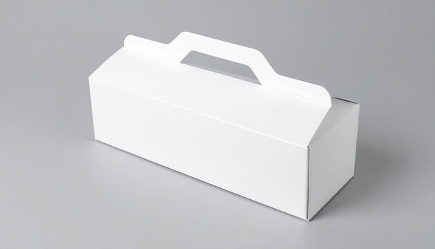 White cardboard pastry box with handle, isolated on solid gray surface. Packaging template design, clean background. Mock-up. Close-up.