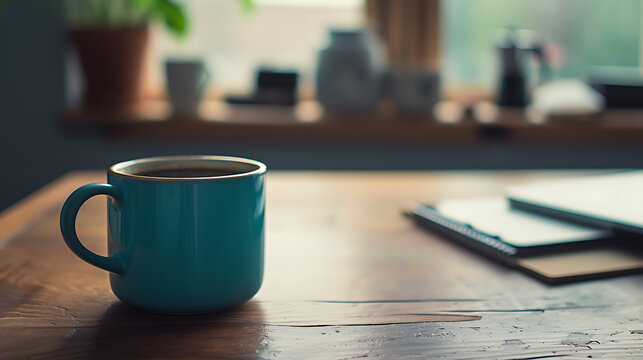 整った机の上にあるコーヒーカップ、柔らかな日差しのニュートラルなシーン