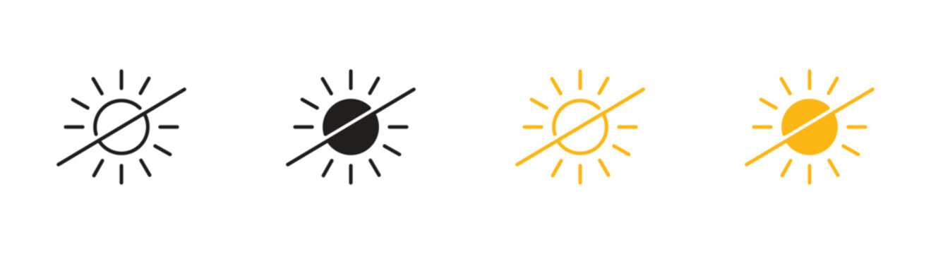 No sun icon set, Daylight control symbols, Brightness adjustment vector icons, Weather condition signs, Sunshine visibility vector icons