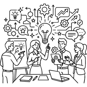 Collaboration, team - Creative Teamwork Illustration Depicting a Collaborative Brainstorming Session for Business Innovation and Generating a New