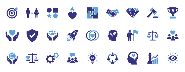 Core Values icon set covering trust, teamwork, fairness, care and integrity glyph symbols for mission driven organizations. © Sultan