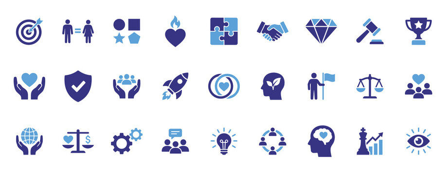 Core Values icon set covering trust, teamwork, fairness, care and integrity glyph symbols for mission driven organizations.