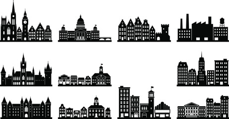 Obraz premium Historic and Urban Building Silhouette Collection with City Architecture Set