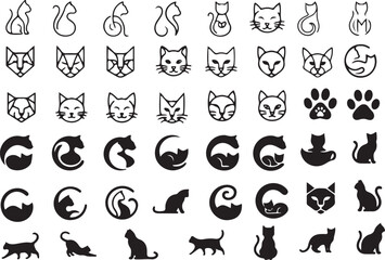 Obraz premium Collection of black cat silhouettes and line art logos