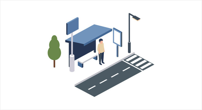 Isometric bus stop with person waiting and crosswalk.