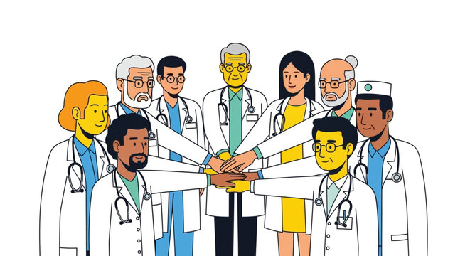 Diverse medical team joining hands.