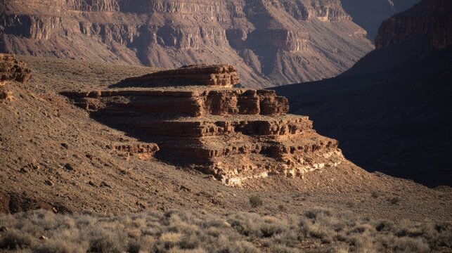 tonalite. Stepped rock layers in a canyon wall, desert landscape. travel magazines, destination branding, wall prints, designed for outdoor magazines and nature guides, used by graphic designers.
