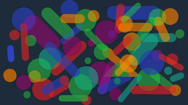 Abstract geometric pattern with colorful overlapping shapes on dark background