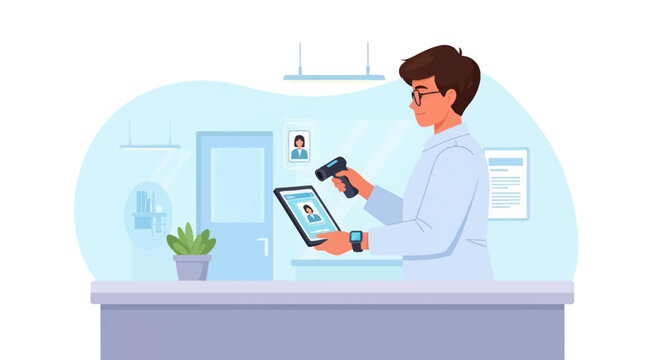 Healthcare administrator in white coat using handheld scanner on a digital patient ID displayed on a tablet computer in a modern medical clinic or hospital reception desk office.