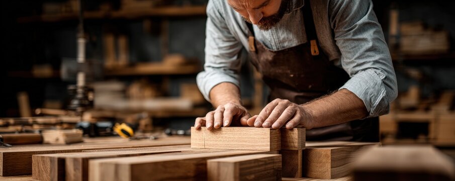 A focused craftsman shapes a wooden block in a workshop filled with tools and timber.