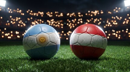 Fototapeta premium Soccer balls with argentina and austria flags on green grass field in a large stadium with bright floodlights during night time event