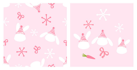 Fototapeta premium Cute bunny winter seamless pattern with party hats, snowflakes, bows and carrot on pastel pink background, adorable nursery rabbit illustration for baby products and fabric design