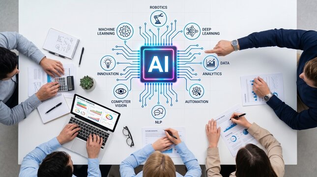 Top view of business people working together at office table with artificial intelligence concept illustration