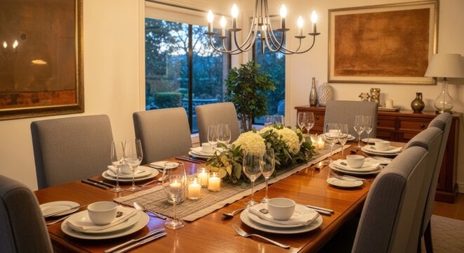 A formal dining table set with white and green floral arrangements, candles, and elegant tableware, with a view of a window and a chandelier in the background.