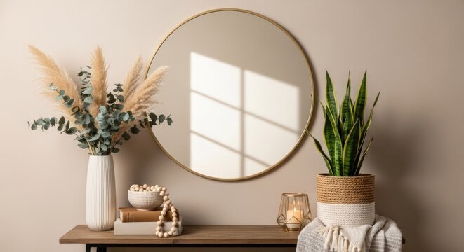 A wooden console table with a round mirror, a potted plant, and a bowl of fruit on a beige wall.