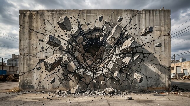 Massive concrete wall experiencing a powerful explosive impact with jagged debris flying outward under a dramatic grey cloudy urban sky