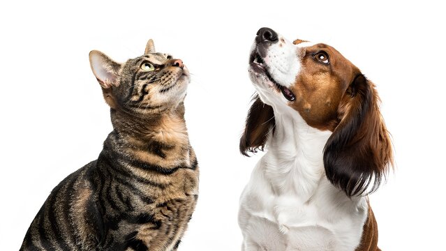 Tabby cat and beagle dog looking up on white background