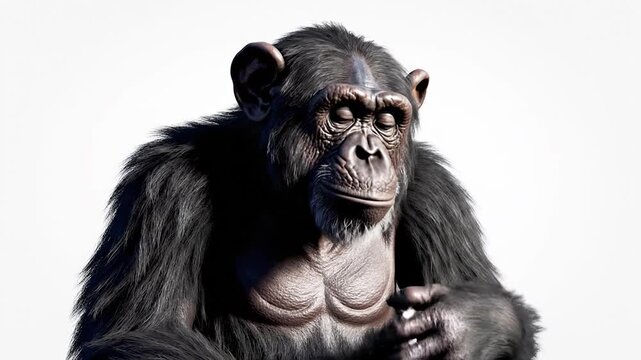 A detailed portrait of a chimpanzee on a white background