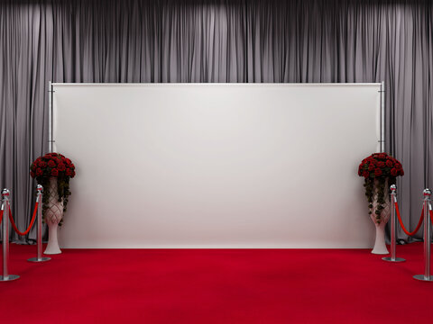 White Event Backdrop Mockup with Press Conference from Front View 3D Rendering