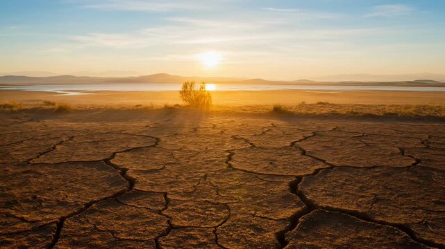 split screen showing contrast between parched cracked land and blue water.