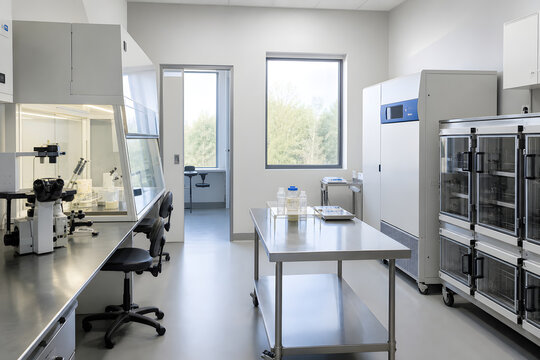 Modern Embryology Laboratory Interior With Stainless Workstations
